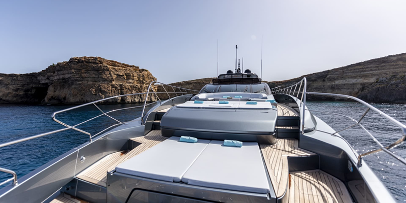 Figurati Riva 34m yacht charter Mallorca bow with hidden jacuzzi