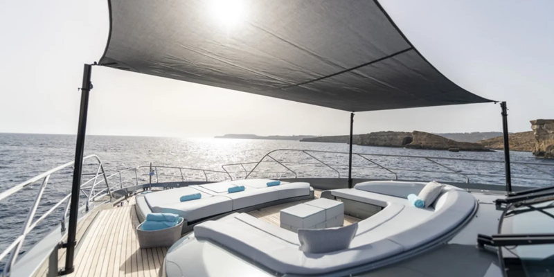 Figurati Riva 34m yacht charter Mallorca bow with shade