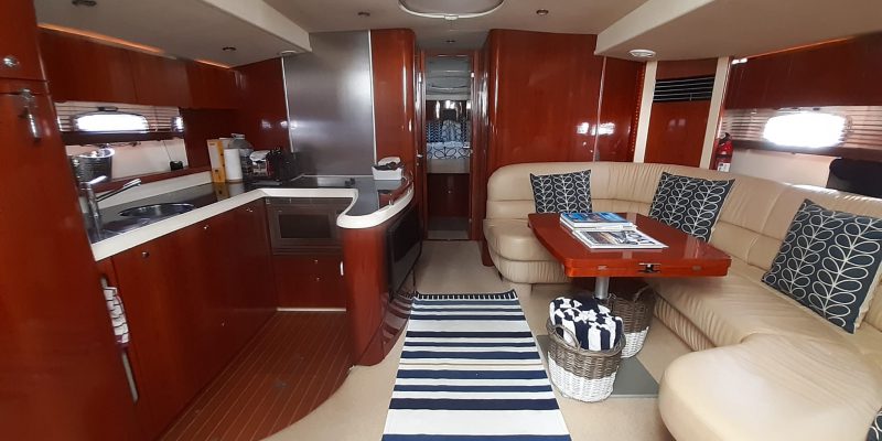 Lady G_Saloon_galley_view_Mallorca_charter_yacht