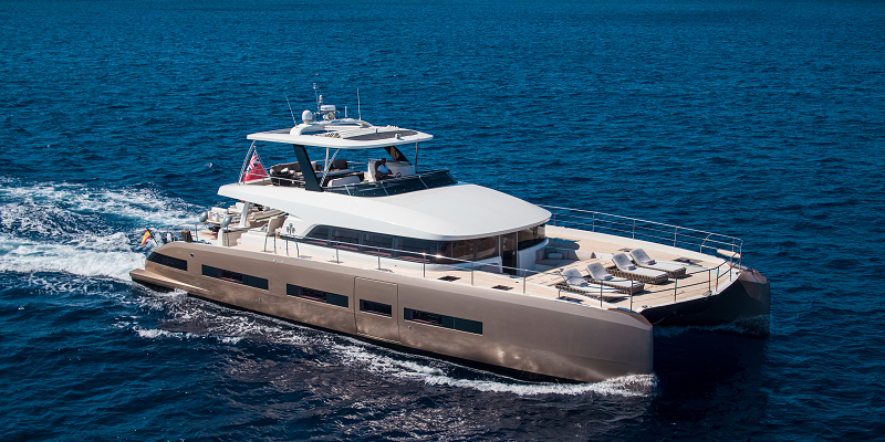 Power Catamaran Sasta Luxury Charter Mallorca exterior view underway