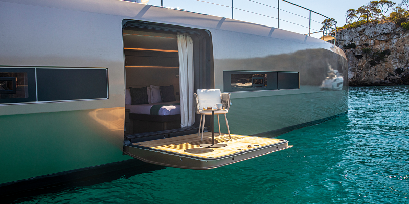 Power Catamaran Sasta Luxury Charter Mallorca private side platform from master cabin