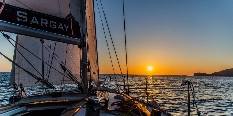 Sargay Sail boat for charter in port Andratx Mallorca Sunset