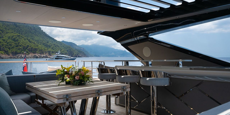 View of the slatted roof on the flybridge of the yacht Haley Jane
