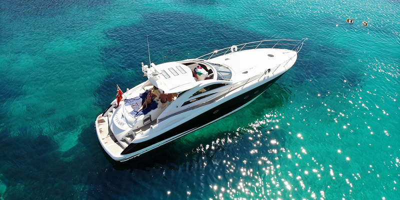 Aerial view of Sunseeker Freerider in turquoise water
