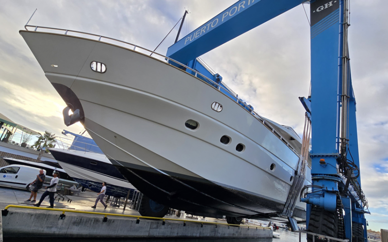 Yacht in shipyard puerto portals slings for engineering work in Mallorca